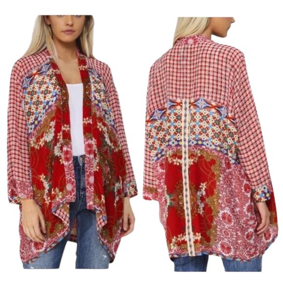Johnny Was Dolce Mix Print Kimono Jacket Pockets Red Size XS - Picture 2 of 9